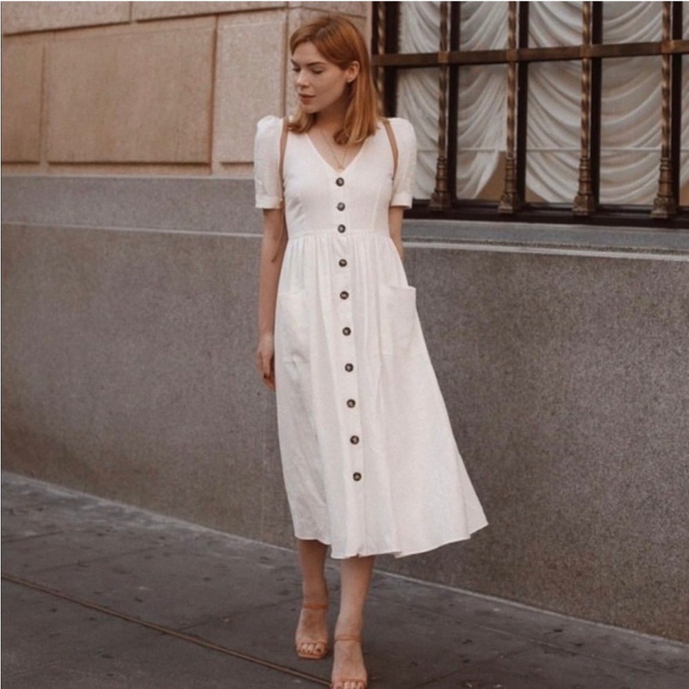 Zara White/cream linen button front midi dress. Size M. NWT. Lined with pockets.